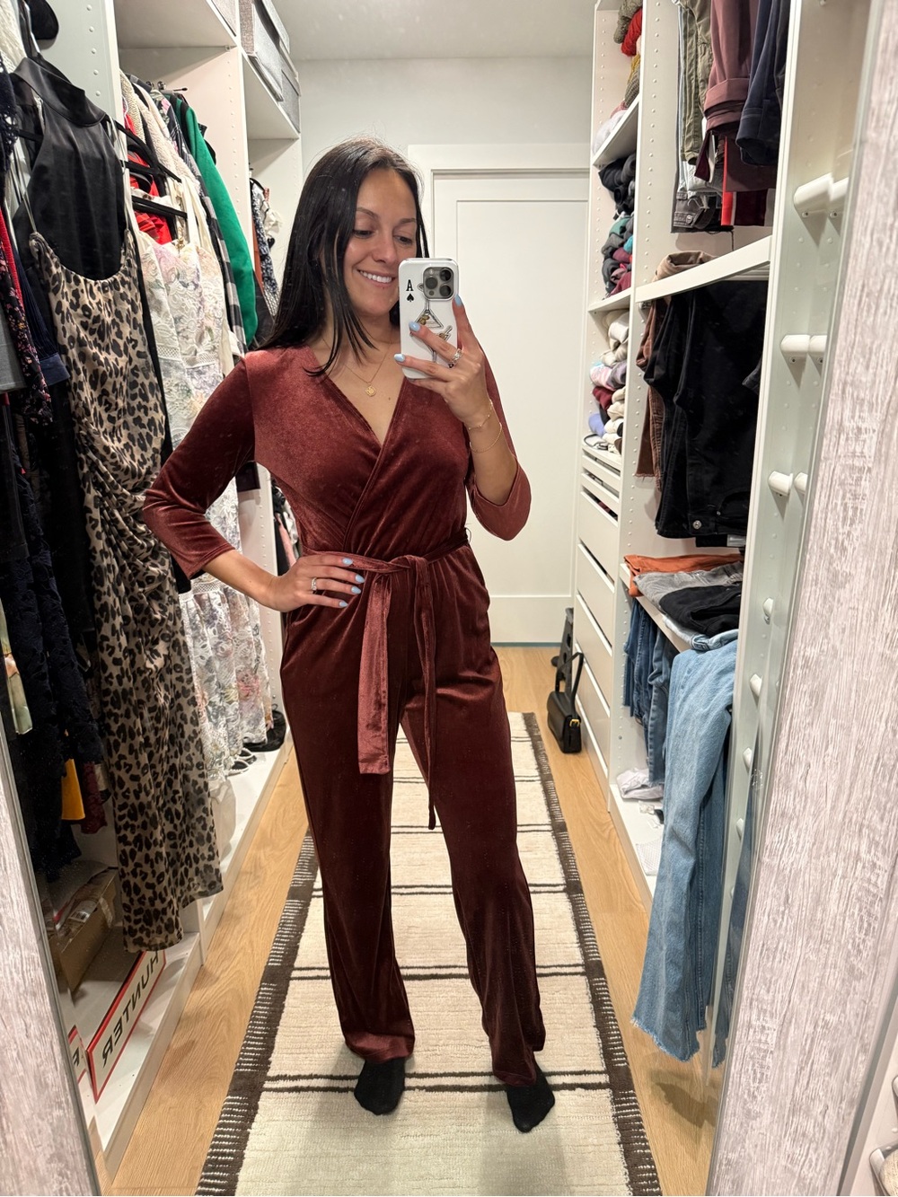 Velvet Wrap Jumpsuit in Deep Rust - Women's